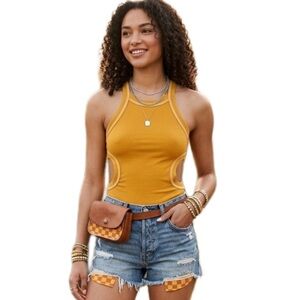 Boho Mustard Cut Out Tank Top Casual Warm Weather Top Size Large